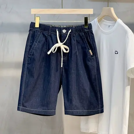 薄款原色丹宁牛仔短裤男休闲直筒宽松马裤夏季靛蓝工装日系五分裤图片