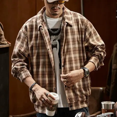 美式夹克男士秋冬新款男装宽松格子外套长袖男潮流拼接外套潮流图片