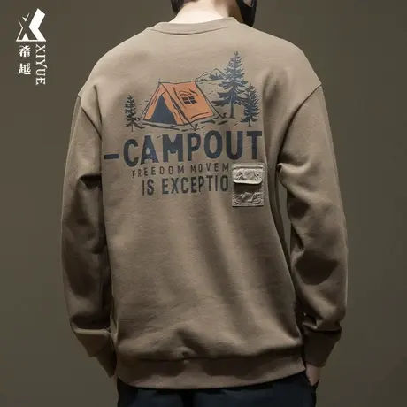 希越重磅印花卫衣男秋冬美式高街风套头打底衫宽松大码咖色上衣潮商品大图