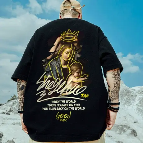 oversize欧美潮牌超火胖子男装大码国潮宽松短袖T恤潮流油画半袖商品大图