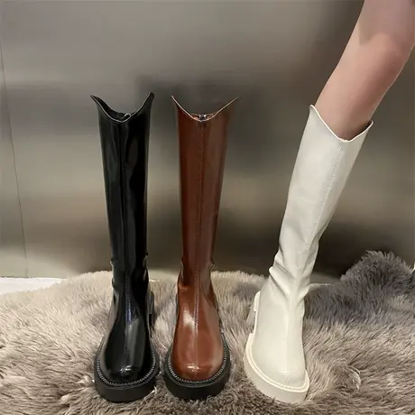 长筒靴女2023冬季新款韩系网红不过膝长靴粗跟加绒高跟v口瘦瘦靴商品大图