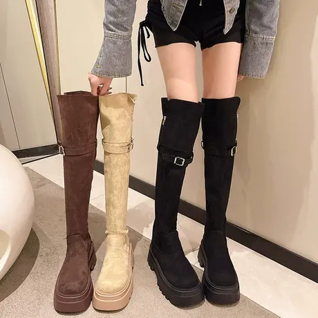 长筒靴女2023年秋冬季新款复古百搭过膝靴配裙子高跟粗跟弹力靴潮商品大图