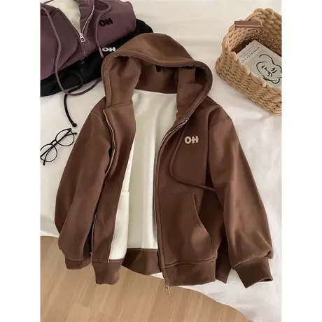 vintage连帽卫衣女秋冬宽松显瘦百搭拉链开衫加绒加厚上衣外套潮商品大图