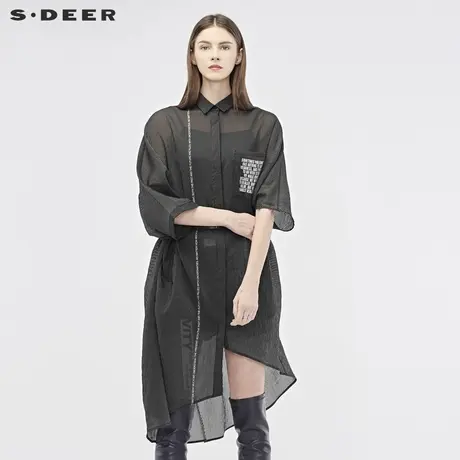 sdeer圣迪奥翻领撞色字母印花不规则斜摆蝙蝠袖长款衬衫S19180511图片