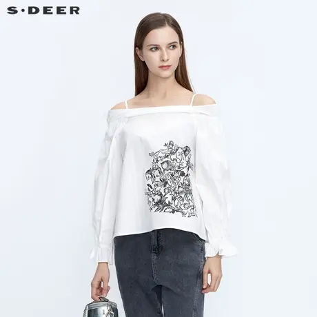 sdeer圣迪奥春秋装女优雅一字领抽褶印花吊带衬衫S21180510图片