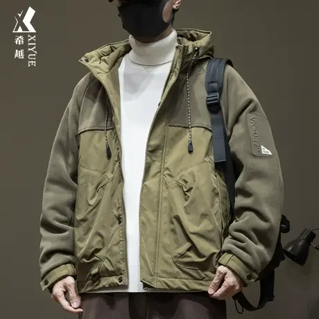 希越奥粒绒连帽外套男秋冬新款加厚工装夹克宽松大码男士保暖棉衣商品大图