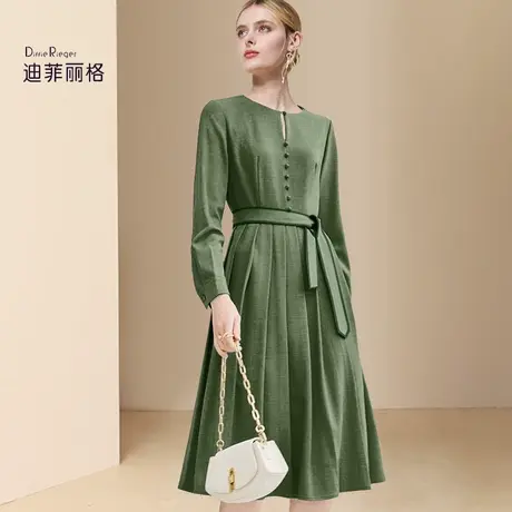 迪菲丽格复古绿色圆领长袖连衣裙女2024新款春季简约中长款百褶裙图片