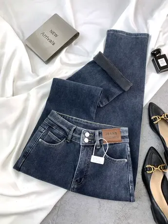 2023冬季加绒牛仔直筒裤女高腰显瘦两粒扣皮牌小宽松百搭烟管长裤图片