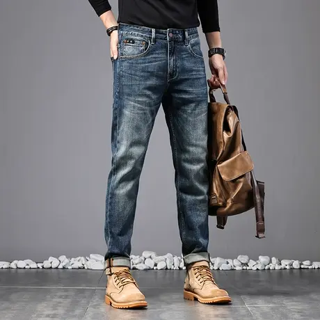 美式高街牛仔裤男款宽松直筒牛仔裤男士休闲小脚高档休闲牛仔裤图片