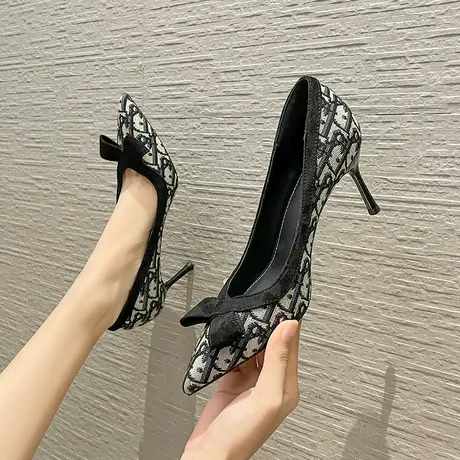 千鸟格拼色高跟鞋女细跟2024年新款尖头蝴蝶结细跟单鞋职业工作鞋图片