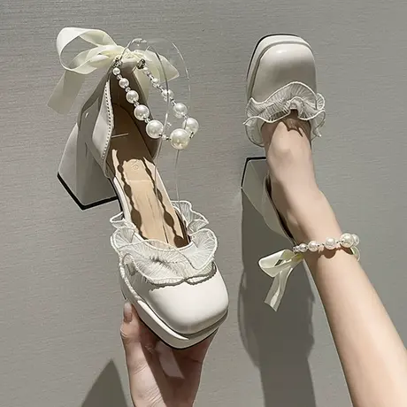 法式方头粗跟高跟鞋女凉鞋2024年夏季新款仙女风配裙子玛丽珍单鞋商品大图