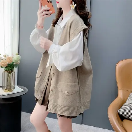 韩系V领无袖针织马甲背心女早春2024新款宽松显瘦设计感毛衣坎肩商品大图