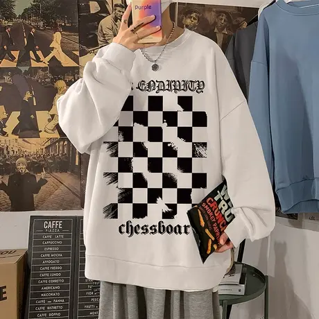 秋冬季圆领棋盘格子卫衣男ins潮流宽松大码打底美式港风上衣服潮商品大图