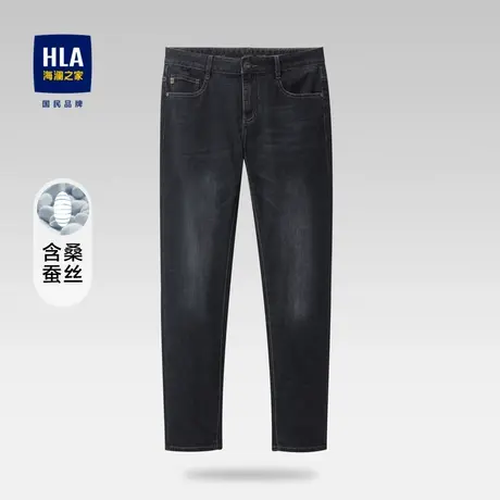 HLA/海澜之家含桑蚕丝五袋款猫须牛仔裤秋季时尚直筒裤子男图片