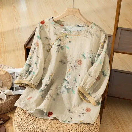 享永子七分袖碎花苎麻上衣女夏文艺复古国风茶服棉麻T恤2023新款商品大图