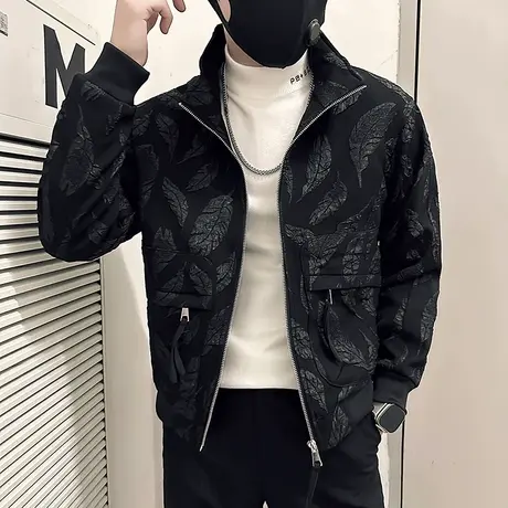 春季爆款高级感叶子提花夹克上衣男潮牌短款上衣褂子翻领口袋外套商品大图