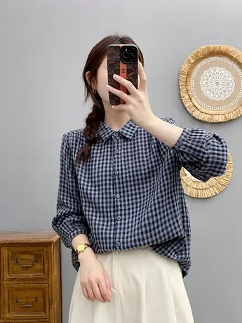 春秋新款韩版文艺双层纱纯棉格子长袖衬衫女宽松百搭学生打底上衣图片