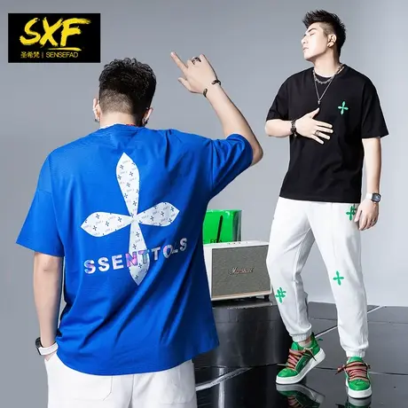 SXF圣希梵男士t恤短袖 2023新款国潮牌印花宽松纯棉体恤上衣服男商品大图