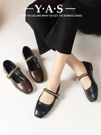 一字扣方头单鞋女2024新款鞋子法式玛丽珍女鞋黑色小香晚风平底鞋商品大图