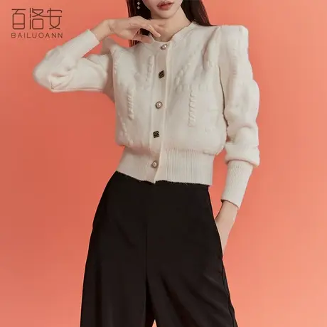 百洛安时尚单排扣针织衫女开衫2024春装新款圆领长袖短款毛衣外套图片