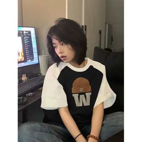 ins超火纯棉夏装短袖T恤女2024新款百搭宽松撞色拼接插肩半袖上衣商品大图