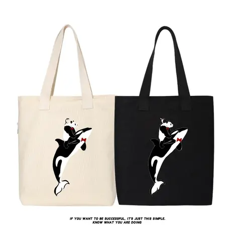 秀洛熊猫和鲸鱼联名帆布包袋学生自习补课手拎包手提包单肩帆布袋商品大图