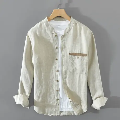 亚麻休闲衬衫男纯色衬衣男士2024年春秋新款亚麻复古外套立领宽松图片