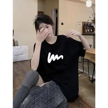 黑色新款独特2024夏季宽松长短袖t恤女大码纯棉穿出下衣失踪衣服商品大图