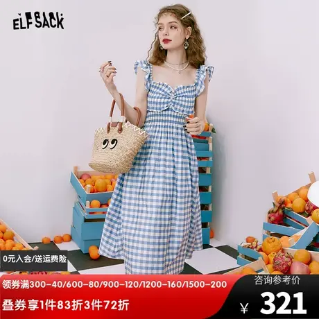 【商场同款】妖精的口袋格子吊带连衣裙女2023夏季新款清纯小飞袖图片