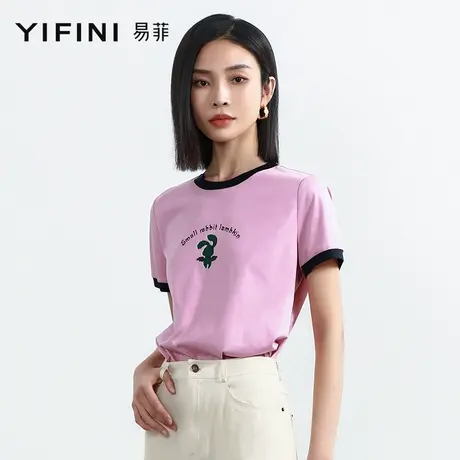 Yifini/易菲【小兔子乖乖】撞边圆领短袖宽松T恤女粉色短款上衣商品大图