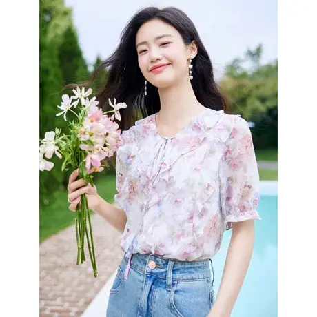 时尚气质碎花短袖雪纺衫2023年夏季新款淑女温柔宽松显瘦通勤上衣商品大图