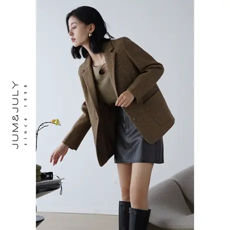 嘉茱莉2023秋季新款1OO羊毛人字纹毛呢西装外套女宽松西装大衣商品大图