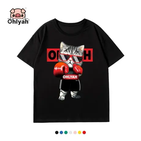 Ohlyah女装短袖嘻哈潮牌猫咪个性印花t恤港风卡通韩潮t恤班服定制商品大图
