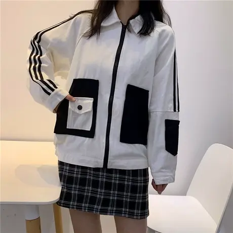 2023新款春秋情侣外套女韩版宽松bf撞色学生夹克条纹大口袋棒球服商品大图