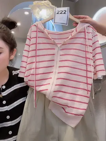 欧洲站双开拉链短袖t恤女夏2023宽松连帽条纹洋气百搭设计感上衣商品大图