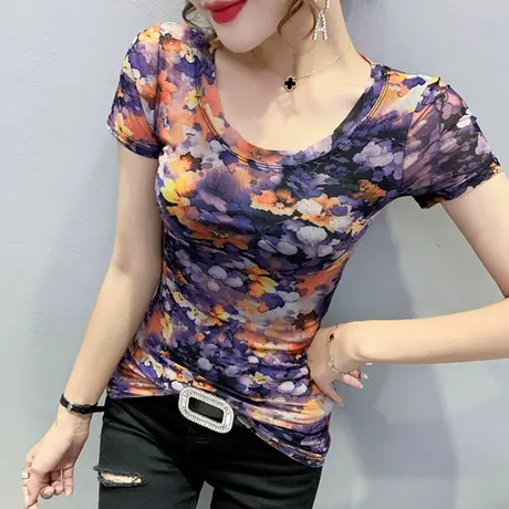 女装2023新款潮时尚印花T恤女短袖夏修身洋气上衣弹力显瘦小衫女图片
