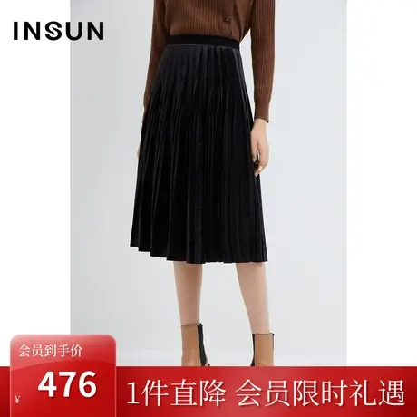恩裳2022冬季时尚高腰A摆压褶工艺亲肤丝绒半身裙女图片