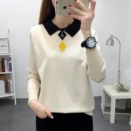 秋装新款娃娃领宽松长袖针织衫百搭洋气套头毛衣时尚短款打底衫女商品大图