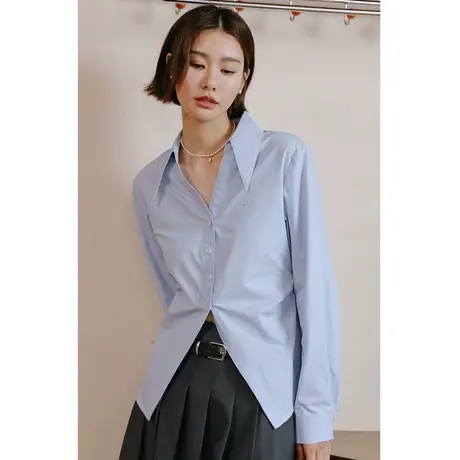 弥古蓝色衬衫女设计感收腰上衣2023新款秋季长袖法式尖领纯棉衬衣图片