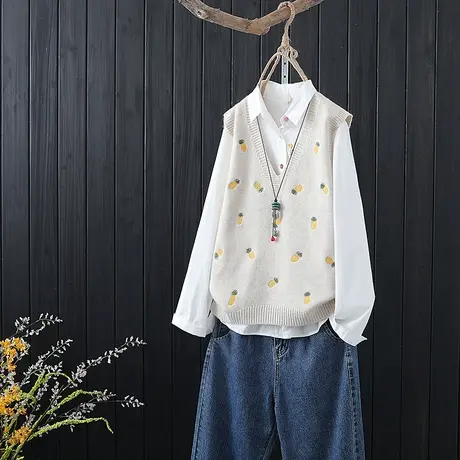 秋季新品刺绣马甲女装文艺百搭宽松套头无袖休闲针织毛衣背心上衣商品大图