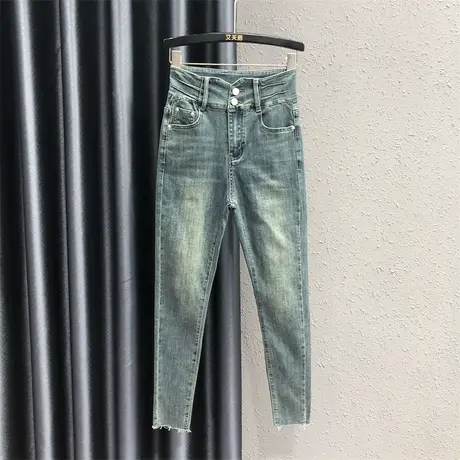 怀旧复古高腰两粒扣小脚牛仔裤女2023秋季新款修身显瘦毛边铅笔裤商品大图
