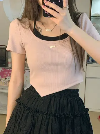 粉色挂脖吊带假两件上衣女夏季新款修身显瘦薄款T恤设计感小众ins图片