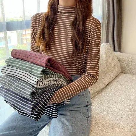 内搭条纹半高领打底衫2023长袖t恤洋气修身显瘦白色百搭春秋上衣商品大图