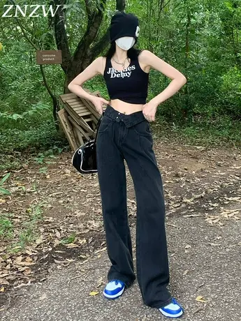 ZNZW黑色阔腿牛仔裤女薄款2023年秋冬季高腰宽松显瘦垂感拖地裤子商品大图