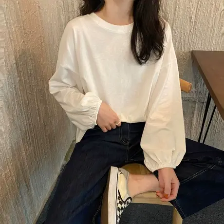 灯笼袖上衣女白色长袖t恤泡泡袖春秋季冬2023新款宽松内搭打底衫图片