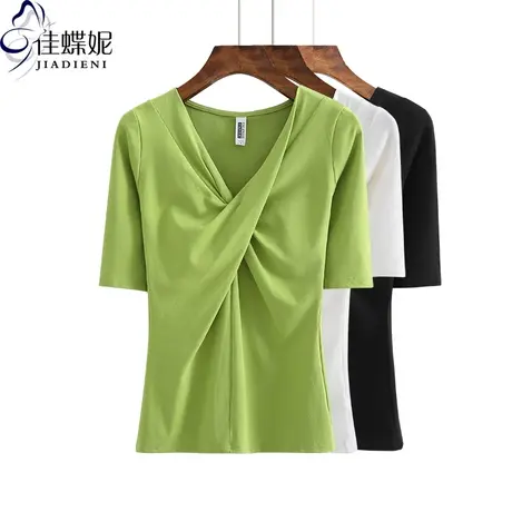 春秋季韩版新款V领中袖T恤纯棉弹力上衣开叉简约纯色修身五分袖商品大图
