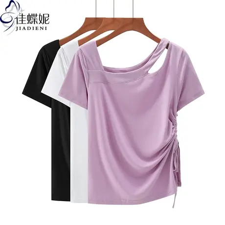 夏季新款韩版斜领露肩纯欲修身纯棉抽绳纯色短袖体恤上衣内搭女装商品大图