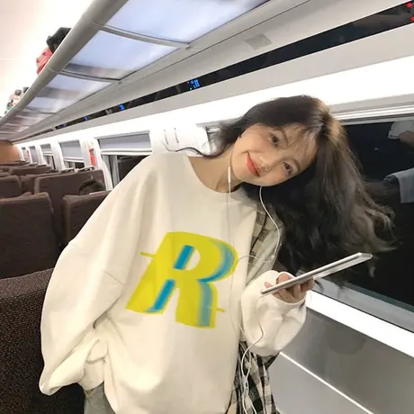 白色圆领卫衣女秋美式高街字母潮ins宽松薄款长袖hiphop大码上衣商品大图