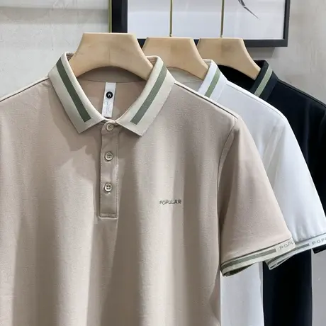 2023新款夏季丝光棉高端polo衫男士短袖商务条纹翻领T恤上衣保罗商品大图