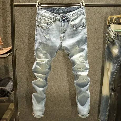 2023新款破洞刮烂牛仔裤男浅色修身小脚裤高街潮牌痞帅休闲裤子男商品大图